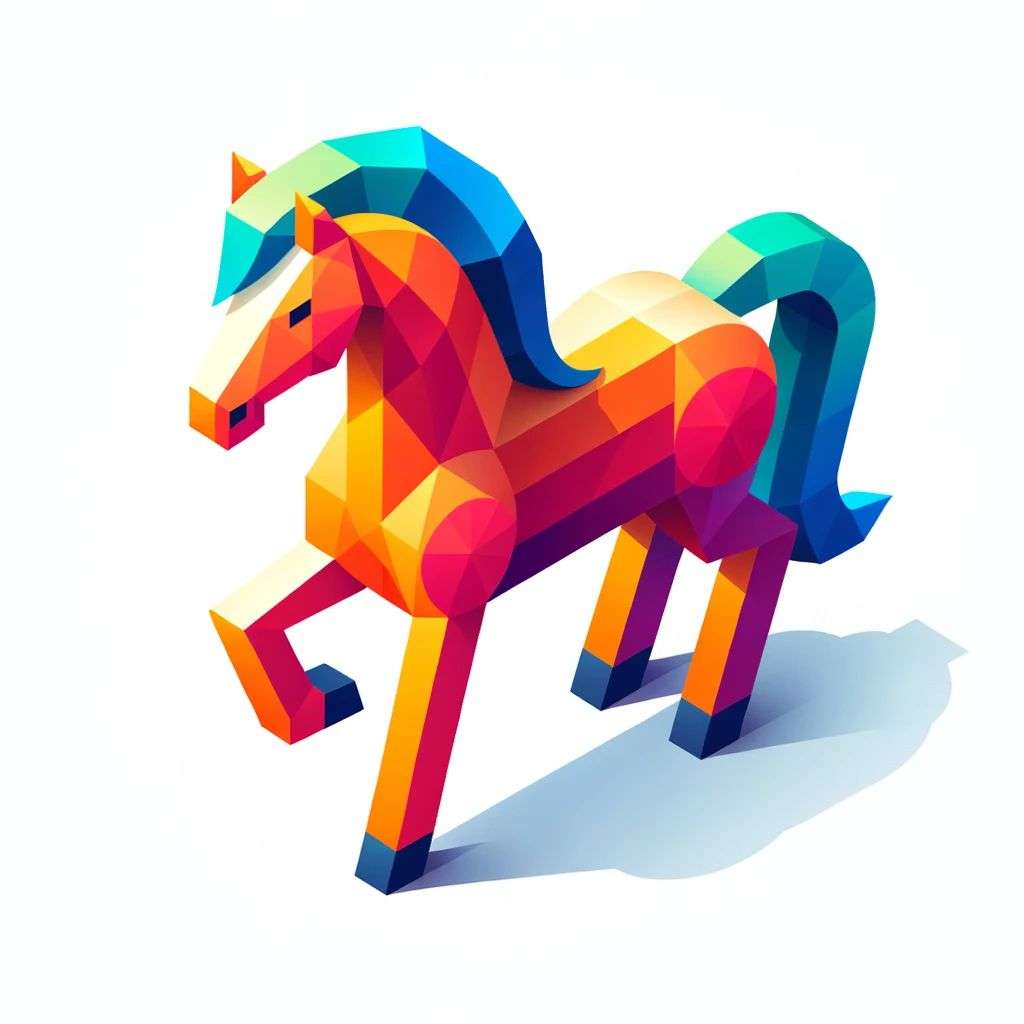 a brightly coloured, detailed icon of a horse emoji, 3D low poly render, isometric perspective on white background